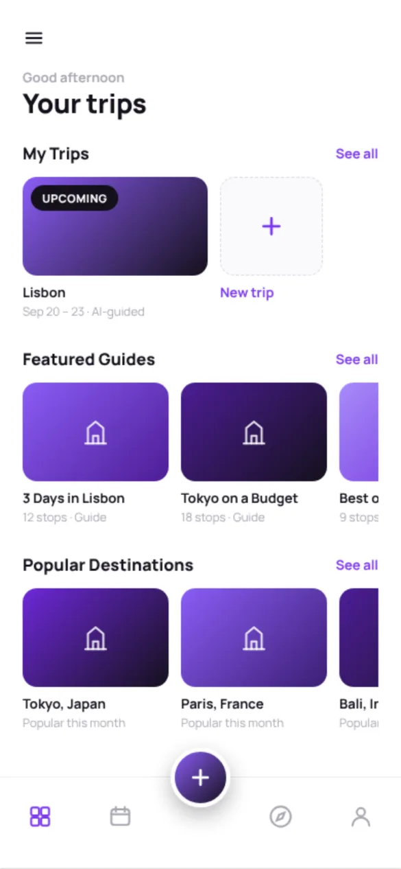 UTrippn home screen with your trips and featured guides